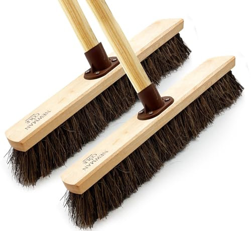18” Stiff Broom Outdoor Heavy Duty with Wooden Handle Natural Bassine Hard Bristle Yard Brush Warehouse Floors Broom Strong Wooden Brush (PACK OF 2)