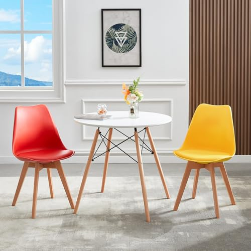 H.J WeDoo Esstisch mit 2 Stühlen Esszimmergruppe, Essgruppe Rund Küchentisch und 2er Set Esszimmerstühle Sitzgruppe für Küche Esszimmer Wohnzimmer(Weiß Tisch+Rot*1&Gelb*1 Stühl)