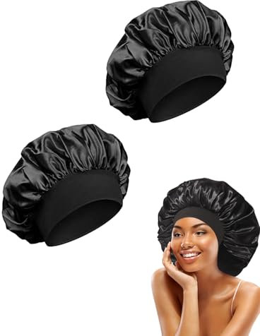 KGDUYC 2 Stück Schlafmütze Satin Bonnet Nacht Schlafkappe Kopfbedeckung Schlaf Mütze Verstellbare Weiche Kopfhaube Schlafhaube Seide mit Gummizug für Damen und Mädchen - Schwarz