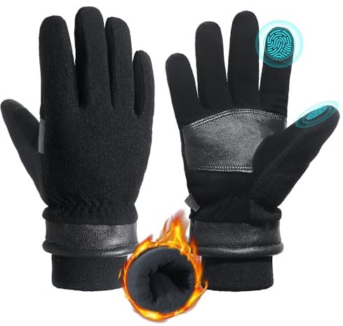 HANDLANDY Insulated Winter Leather Work Gloves, Deerskin Thermal Warm Polar Fleece Cold Weather Gloves Touchscreen, for Driving Cycling Ski Snowboard, S