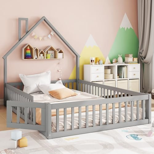 Kinderbett Bodenbett Doppelbett 140x200 cm mit Sicherheitsgitter&Lattenrost&Schornsteinform, Montessori Bett Bed Gitterbett Hausbett Holzbett Bettgestell Jugendbett, Kiefernholz, Ohne Matratze, Grau