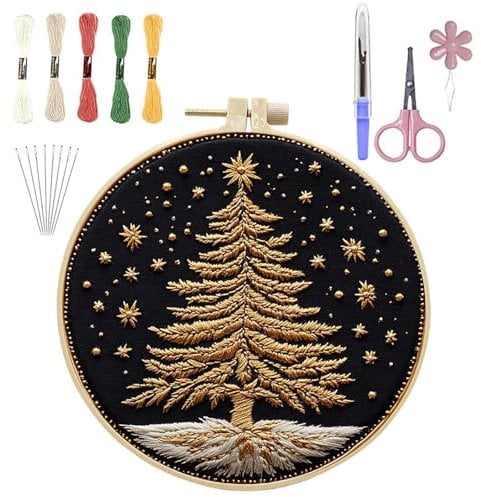 Mrinb Christmas Embroidery Kits, Embroidery Kits for Beginners with Christmas Tree, Cross Stitch Kits with Embroidery Hoop, Needle Threader, Embroidery Floss and Instruction