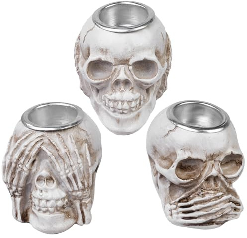 Sarini 3-teiliges Totenkopf-Dekorationsset, Totenkopf-Kerzenständer, menschliches Totenkopfmodell, Schreibtischdekoration mit dem Thema, Sprachlos“, für Halloween und zur ganzjährigen Präsentation