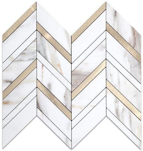 Yipscazo 10 Sheets Herringbone Stick on Tiles,Marble Calacata Mixed Metal Gold Splashback for Kitchen Wall, Waterproof Self Adhesive Wall Tiles for Bathroom