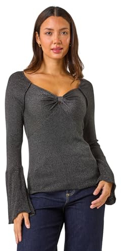 Roman Sweetheart Neck Ruched Knit Jumper for Women UK - Ladies Autumn Everyday Winter Holiday Long Sleeve Soft Glitter Fabric Warm Top Office Desk Sweaters - Black - Size 12