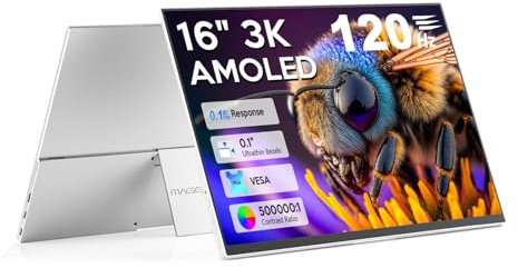 16 inch OLED Portable Monitor, 3K 2880 x 1800 120Hz 0.1ms USB-C HDMI OLED Screen with Ultra-Thin Edges 120% DCI-P3 and VESA Speakers for Laptop, Mini PC, Windows, Mac, Phone, PS4, PS5