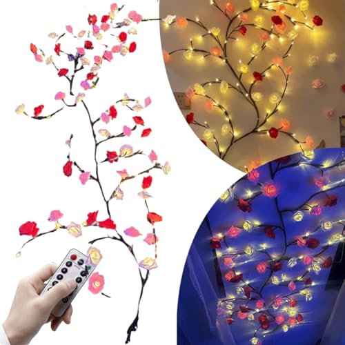 LED Rose Tree Branch Lights for Wall,Valentine's Day Rose Blossom Lights Vine Lights with Remote,8 Lighting Modes Rose Blossom Garland Willow Vine For Valentine's Day Decorations Indoor