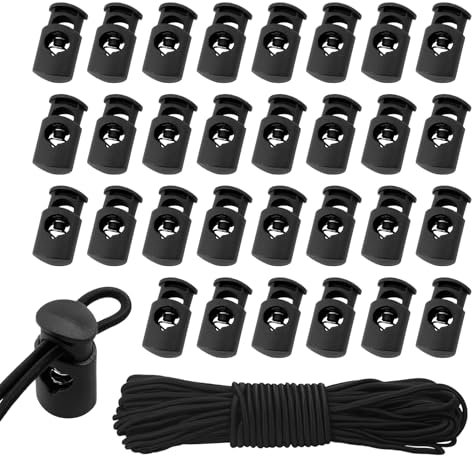 Plastic Toggles for Drawstrings, Plastic Cord Locks and Black Elastic Cord, 10m Bungee Cord with 30 pcs Drawstring Locks, Toggles for Clothing, Drawstring Toggle for Shoelaces Backpack Paracord