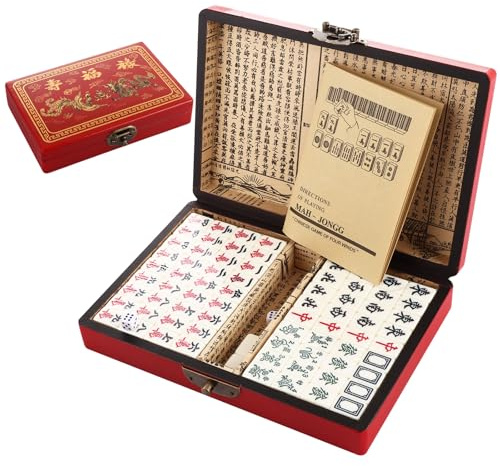 LDXDRU Chinese Mahjong Set, Mah jong Game Set, Mini Mahjong Set | 144pcs Mahjong Tiles, 2pcs Dices & Leather Carrying Case Box for Travel Party Game