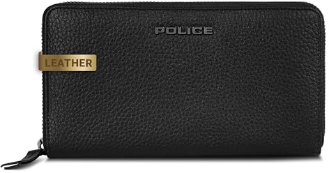 Police große Leder Geldbörse Damen | großes Reißverschlussfach, 16 Kartenfächer, Münzfach, RFID-Schutz | 19 x 4 x 10 cm (schwarz)