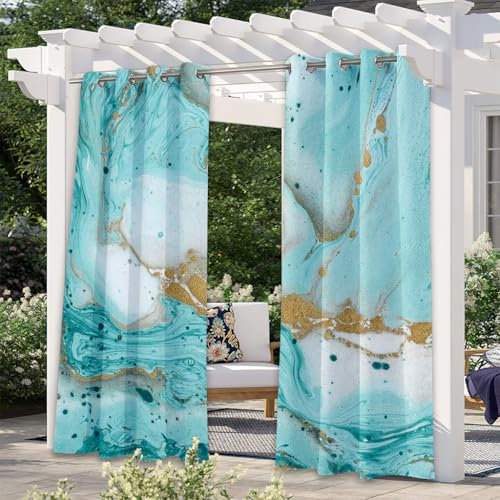 Hixingo Outdoor Vorhang Wetterfest mit Ösen, 2 Stück Outdoorvorhänge Blickdicht Verdunklungsvorhänge, Marmordruck Sichtschutz für Terrasse Balkon Pergola (Türkis,137x203cm)