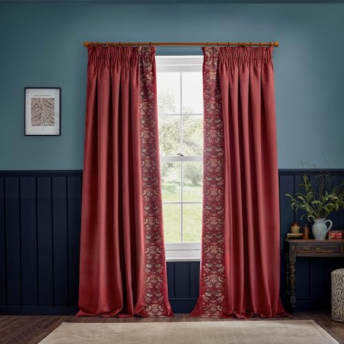 Morris&Co. Strawberry Thief Pencil Pleat Curtain Pair – Iconic Bird & Floral Embroidered Lined Velvet Drapes (Berry - 168x183cm)