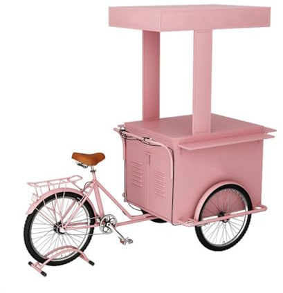 Dalumian Imbisswagen mit Pedalantrieb, Dreirad-Imbisswagen, tragbarer mobiler Speisewagen, Verkaufswagen aus Eisen, Dreirad-Imbisswagen mit Dach, Imbisskiosk für Floristen, Terrassengärten(Pink)