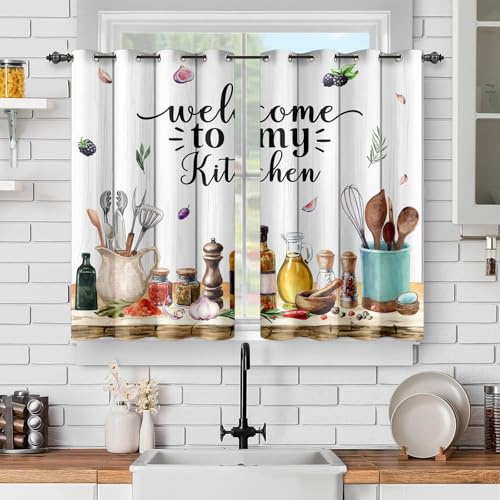 Rustikaler Küchenstil Vorhänge Farmhouse Country Minimalismus Küchenutensilien Gewürze Obst Bäckerei Sweet Home Aquarell Verdunkelungsgardinen Ösen Blickdicht Esszimmer Küche 2er Set 107x114 cm