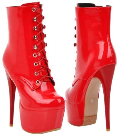 MOBUTOFU Stivaletti da Donna Abbinabili a Jeans e Gonne Tacchi Alto in Vernice Rossa, Stivali Corti Allacciati Antiscivolo, Scarpe Eleganti Taglia 37 per Autunno Inverno