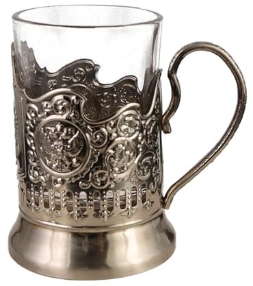 VBESTLIFE Vaso de té Ruso con Soporte de Metal, Taza de Cristal Decorativa Transparente con Aislamiento Térmico para Bebidas Frías y Calientes, Patrón Europeo Vintage (Q0083)