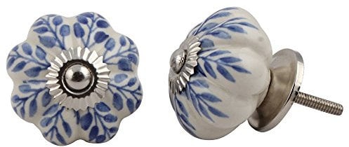 Set of 12 Pieces Leaf Floral Ceramic White Cabinet Knobs Furniture Handle Drawer Pull Vintage Designer (BLUE)