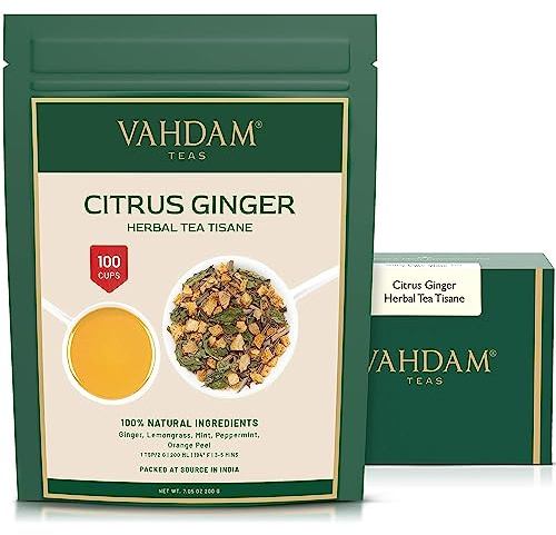 VAHDAM, Citrus Ginger Tisane (100g, 50+ Tasses) Ingrédients Purs - Gingembre, Citronnelle, Écorces D'orange, Menthe