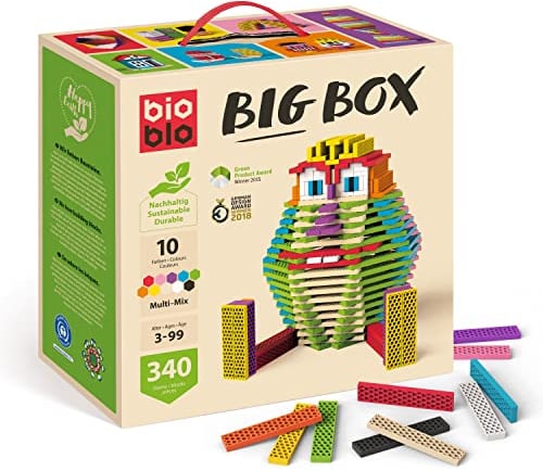 bioblo Big Box Multi Mix mit 340 Stück, Nachhaltige Bunte Bauklötze für Kinder ab 3 Jahren, Holzbausteine Kinderspielzeug, STEM Montessori-Spielzeug für Stapel- & Balancierspiele