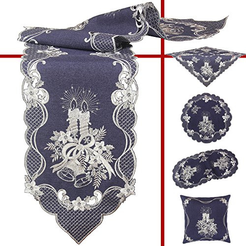 Quinnyshop Weihnachts-Tischläufer Bestickt mit Silber Kerzen und Glocken ca. 45x110 cm Oval Leinenoptik Polyester, Dunkelblau
