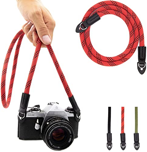 LENS-AID Bandoulière Appareil Photo Style Corde – Sangle de Cou 100 cm pour Caméra Reflex, Hybride, Rétro – Rouge/Noir