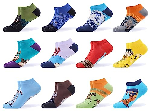 WeciBor Herren Bunt Lustige Baumwolle Sneaker Kurze Socken, 12 Paar Mehrfarbig Ölgemälde, Größe 43-46