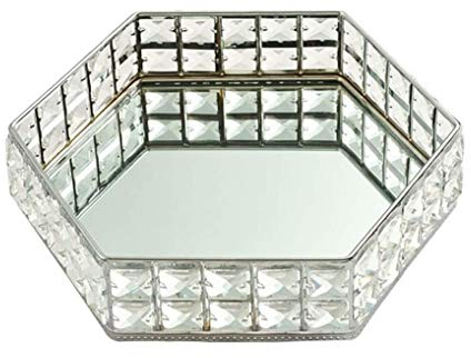 FülleMore Kristall Kosmetiktablett Make-up Kosmetik Organiser Spiegeltablett Juwelen Aufbewahrungsbox Schmuck Organizer Kerzentablett 28.5x25.5x6cm (Silber)