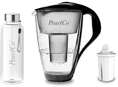 perlopur® Glas-Wasserfilter (schwarz) +1 Kart. Universal +Glas-Trinkfl. | Borosilikatglas, 2 l gesamt, 1 l gefiltert, LED-Anzeige, für classic Kartuschen, reduziert Kalk, Chlor & andere Schadstoffe