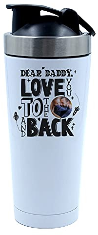 Getagift Personalised Dear Daddy, Love You to The Moon and Back, Dad, Godfather-ANY NAME/IMAGE, Father’s Day, Birthday Present 500ml Aluminium Shaker Bottle. (White)