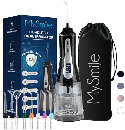MySmile Leistungsstarke kabellose Munddusche, tragbare Munddusche mit 5 Modi OLED-Display, 8 austauschbaren Düsenspitzen und 350 ml abnehmbarem Wassertank für den Heimgebrauch (Schwarz)
