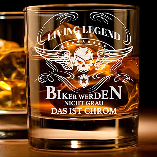 Smyla Premium Whiskyglas - Biker werden nicht Grau das ist Chrome (Totenkopf-Design) | Whiskey-Glas mit massivem Boden | Geschenkidee für Motorradfahrer und Biker | Geschenke für Männer