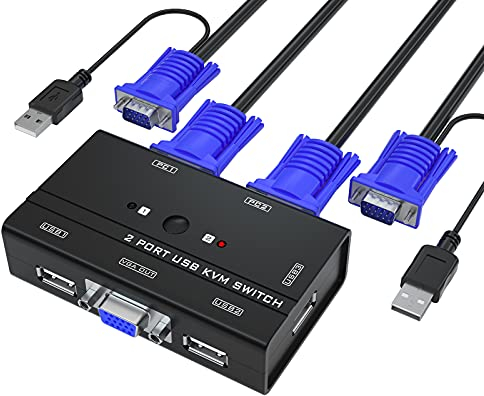 Yinker VGA KVM Switch 2 Port VGA KVM Umschalter für Tastatur Maus USB-Lautsprecher mit KVM-Kabel