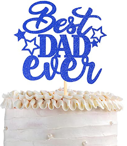 1 Pack Happy Father's Day Cake Topper Glitter Best Dad Ever Cake Pick Super Dad Star Cake Decoration Love Dad Cupcake Topper for Happy Father's day Thema Men Birthday Party Supplies Blau