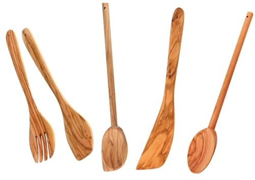 Fackelmann 9902050 Ensemble ustensiles de cuisine en bois d'olivier, 4 pièces, couverts à salade, cuillères, spatule, Bois d'olivier, 30 cm