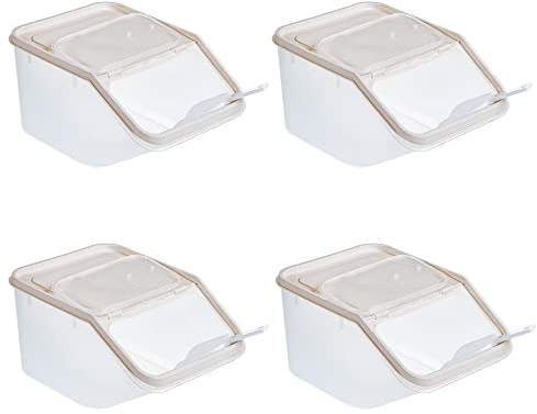 Invero Set of 4 Kitchen Dry Food Storage Plastic Tub Containers with Scoops - Ideal for Storing Pasta Shells, Cereals, Rice, Sweets, Pet Food and more - White