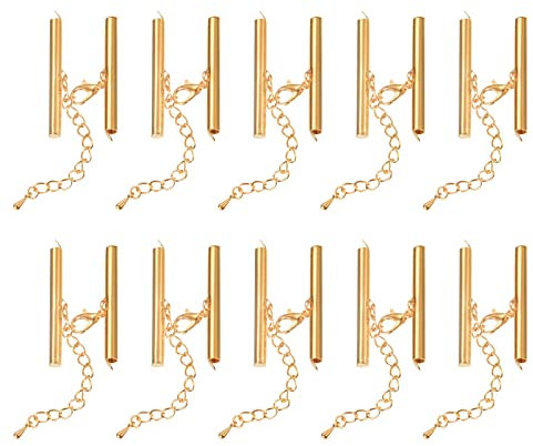 sourcing map 10Sets Slide on End Clasps with Lobster Claw Clasps & Extension Chain, 40mm Tube Slider Crimp Cord Ends for DIY Craft Making, Light Golden