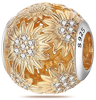 M&S Gold Sunflower Sun Charm Pave Bead Pendant, 925 Sterling Silver Dangle Charm, Compatible With Pandora & European Bracelet