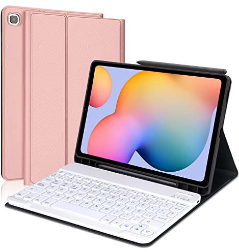Funda Teclado Samsung Galaxy S6 Lite 10.4 2024/2022/2020, Cover Teclado Español Ñ Bluetooth Desmontable con Ranura para Stylus para Samsung Tab S6 Lite (SM-P620/P625/P610/P615/P613/P619), Oro Rosa
