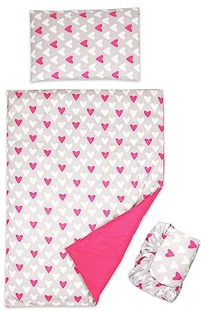 Parure de lit 3 pièces avec housse de couette, taie d'oreiller et drap-housse pour lit de bébé de 120 x 60 cm (cœurs roses)