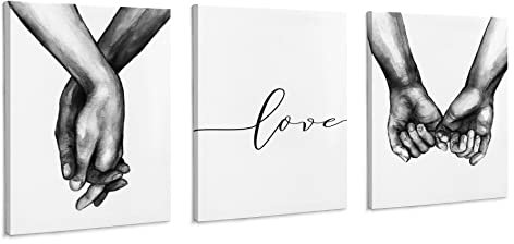 Gerahmte Liebe und haltende Hände Wandkunst Leinwanddruck Wandbilder Leinwand Bilder Poster Schwarz und Weiß Paare Skizze Kunst Zeichnung Dekor für Wohnzimmer Schlafzimmer (3 Paneele, 30,5 x 40,6 cm)