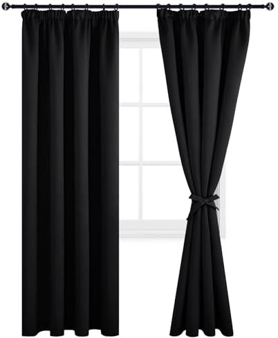 DWCN Blickdichte Gardinen Verdunkelungsvorhänge mit Kräuselband Schlafzimmer Extra Warm mit Vorhang-Krawatten, 225x140cm(HöhexBreite), Schwarz, 2er Set