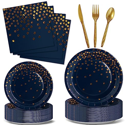 Nkaiso Anniversaire Vaisselle de Fete 144 Pièces Bleumarine Or Party Assiette Anniversaire Set Comprendre Papier Assiette Couverts Serviettesr pour Party Decoration -24 Invités