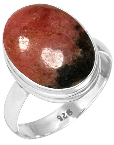 Jeweloporium 925 Silber Ringe für Damen Natürlich Rosa Rhodonit in schwarzem Mangan mit Stein Mode Silber Ringe Größe 58(18.5) das Erntedankfest Geschenk Boho Schmuck