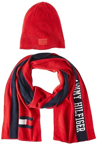 Tommy Hilfiger Herren Bestickte Flagge Logo Schal Set Beanie Mütze, Primary Red Multi, Einheitsgröße