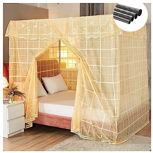 LONONE 4 Ecken Pfosten-Himmelbett-Vorhang, Edelstahl-Himmelbettrahmen-Vorhänge, Bettnetz-Himmelrahmen für Schlafzimmerdekoration,Gelb,Queen