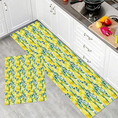 Tappeto Cucina Antiscivolo Lavabile, Tappeti Cucina,Limoni stilizzati moderni a pennello ad acquerello con effetti foschi ,Tappetino Cucina per Sala da Pranzo, Cucina, Corridoio (2PCS 45x70+45x120 cm)