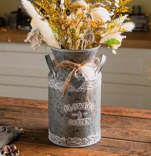 Vintage Galvanized Metal Flower Jug, Farmhouse Decorative Flower & Garden Pitcher Vase, Rustic Milk Can Jug Vase for Flowers,10.6'' H