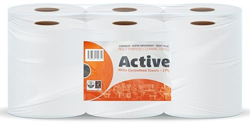 Indigo® Active White Centrefeed Rolls – 6 Pack | 2-Ply Laminated & Embossed Strong Paper Towels | 300 Sheets per Roll (166mm Width) | Dispenser Friendly, Super Absorbent Cleaning & Hand Drying Tissue