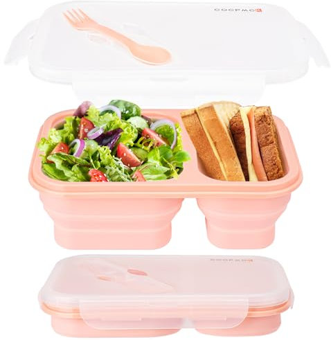 Pink 2 Compartments Collapsible lunch containers with Lid | lunchbox with utensils | Foldable Silicone Bento for adults|BPA-Free food storage for a picnic,travel, offices | Microwave Dishwasher Safe