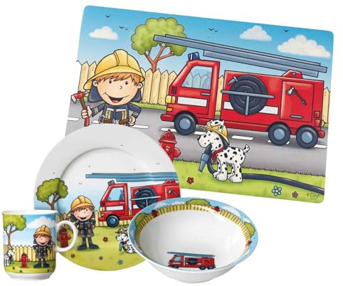 Ritzenhoff & Breker Kindergeschirr Set mit Platzset Feuerwehrmann Bernie, 4-teilig, Bunt, Schale Becher Teller aus Porzellan, Tischset 45 x 30 cm, Kinderset mit Heldenmotiv